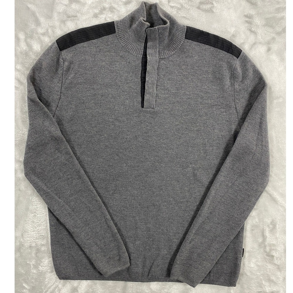 Boss Hugo Boss Quarter Zip Sweater Mens XL Gray Vintage 100% Virgin Wool Ribbed